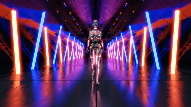 Three dimensional render of gynoid walking toward camera across corridor illuminated with blue and red neon lights