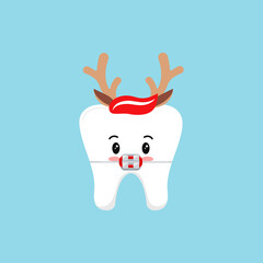Christmas tooth in braces in reindeer headband with horns and ears icon in flat cartoon style isolated on background. Cute Happy New Year brackets character for dentistry greeting vector illustration.