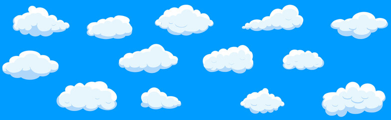 Clouds set isolated on blue background. Collection of clouds for web site, poster, placard and wallpaper. Creative modern concept. Clouds vector illustration
