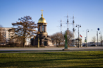 Street of St. Petersburg. Chapel, road, ship