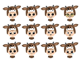 Obraz premium Set of boy avatar with big eyes and wide smile and different emotions in cow hat. Cute child with joyful, sad or angry face in carnival costume for holiday or new year