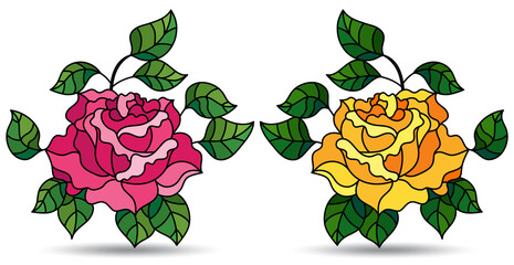 A set of illustrations in a stained glass style with bright rose flowers, isolated on a white background - obrazy, fototapety, plakaty