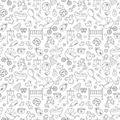 Seamless pattern on the theme of childhood and newborn babies, baby accessories and toys, simple contour icons, black contour on white background