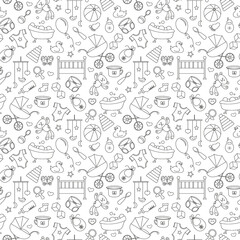 Seamless pattern on the theme of childhood and newborn babies, baby accessories and toys, simple contour icons, black contour on white background