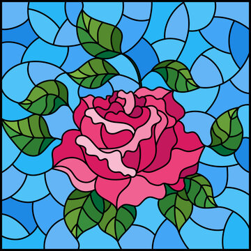 Illustration in stained glass style with a bright pink rose flower on a blue background, rectangular image