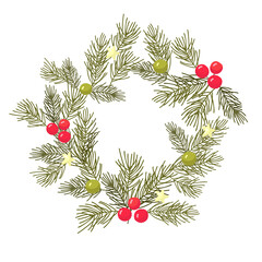 Vector Christmas wreath made of Christmas tree branches and decorations.