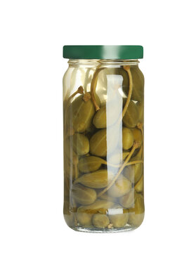 Capers in glass jar isolated on white