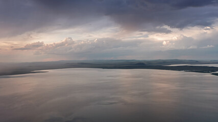 Fototapeta na wymiar Beautiful sunset over the steppe, lakes Shira and Bele, aerial photography, drone, Khakassia, Russia