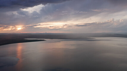 Obraz premium Beautiful sunset over the steppe, lakes Shira and Bele, aerial photography, drone, Khakassia, Russia