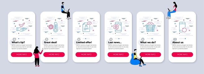 Vector Set of Science icons related to Resume document, Dermatologically tested and Coal trolley icons. UI phone app screens with teamwork. Vector