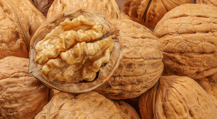 Walnuts closeup. Walnuts kernels  nuts, vegan food concept