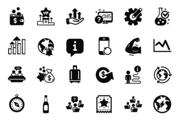 Vector Set of Business icons related to Analysis graph, Travel compass and Vip podium icons. Recovery phone, Teamwork question and Outsourcing signs. Online quiz, Beer and Dollar exchange. Vector