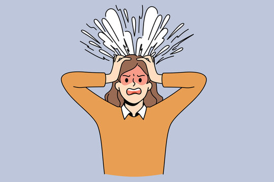 Brain explosion and stress concept. Shouting angry stressed female standing touching head having explosion on thoughts and emotions vector illustration 