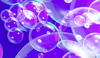Soap bubbles holographic composition on purple abstract 3d render illustration