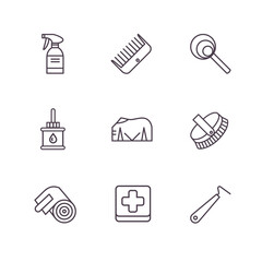 Equestrian outline icons, online shop design, care product and rooming tools