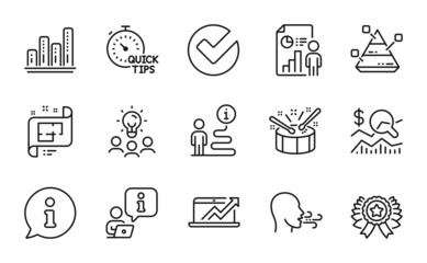 Education icons set. Included icon as Architectural plan, Quick tips, Graph chart signs. Winner ribbon, Check investment, Sales diagram symbols. Business report, Breathing exercise, Verify. Vector