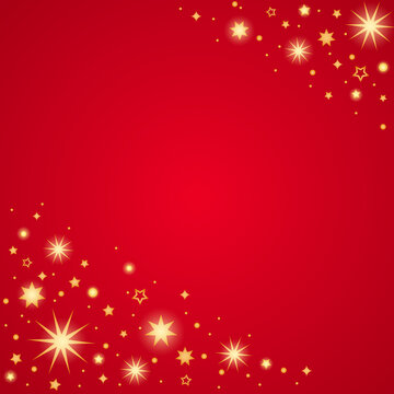 red background with shining gold stars and confetti.