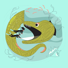 Scuba diving man and woman in the mouth of a huge moray eel