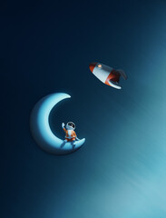 Little spaceman astronaut sitting on a crescent moon and waving hand to the rocket flying in space