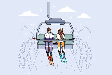 Ski lift and winter activities concept. Positive young people skiers riding up on ski lift to slide down hills in mountains outdoors enjoying conversation vector illustration 