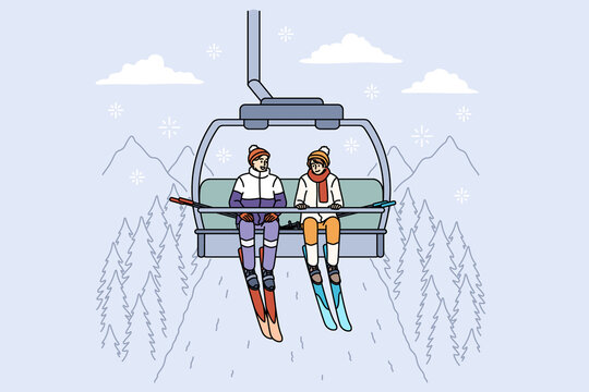 Ski lift and winter activities concept. Positive young people skiers riding up on ski lift to slide down hills in mountains outdoors enjoying conversation vector illustration 