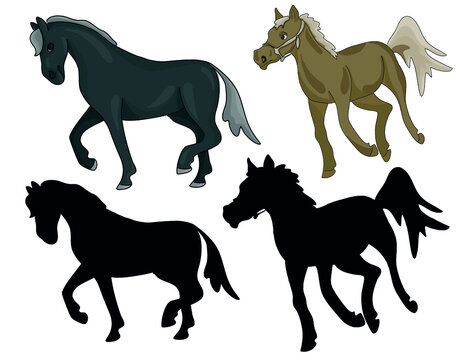 Vector flat illustration:  horse silhouettes hand drawn stickers set