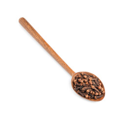 Wooden spoon with aromatic dry cloves isolated on white, top view