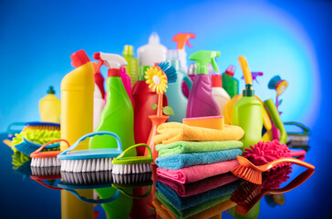 House  cleaning for Christmas. Colorful cleaning kit on blue background.
