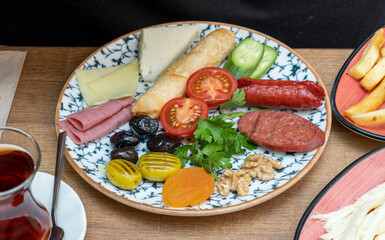 Breakfast table. Traditional Turkish Breakfast Table (Serpme Kahvaltı). Turkish style breakfast.