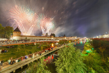 summer night fireworks above the kremlin at end of day of the city in Tula, Russia
