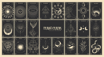 vintage vintage style deck of tarot cards. magical predictions of the future, mysterious characters. - obrazy, fototapety, plakaty