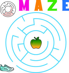 Circular maze with the solution with apple and shoe