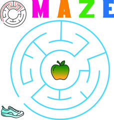 Circular maze with the solution with apple and shoe