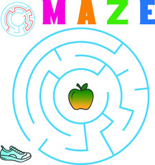 Circular maze with the solution with apple and shoe