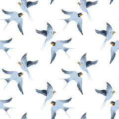 Vector seamless pattern with hand-draw birds. Pattern with swallows in classic blue white colors. Simple and elegant pattern on white background.