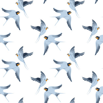 Vector seamless pattern with hand-draw birds. Pattern with swallows in classic blue white colors. Simple and elegant pattern on white background.