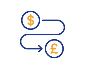 Money transfer line icon. Cash exchange sign. Dollar to Pound change symbol. Colorful thin line outline concept. Linear style money transfer icon. Editable stroke. Vector