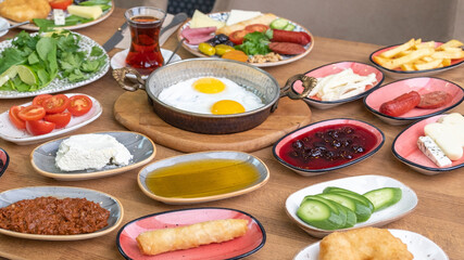Breakfast table. Traditional Turkish Breakfast Table (Serpme Kahvaltı). Turkish style breakfast.
