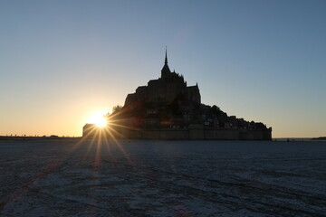 Mont saint michel architecture panoramic beautiful postcard view at Dusk in Summer Low Tide, France