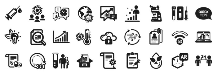 Set of Science icons, such as 5g wifi, Blood and saliva test, Documents box icons. Time management, Microscope, Quickstart guide signs. Coronavirus, Graph chart, Coronavirus pandemic. Vector