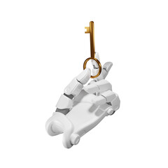 3d robot hand holding a gold key, isolated on white background, 3d rendering