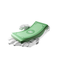 3d robot hand holding a bundle of banknotes, isolated on white background, 3d rendering
