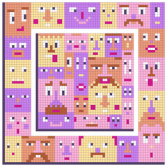 Set of faces for square frames, cards, wrapping paper. Pixel art, gaming style, simple geometry. Concept of friendship of different people, emotions, set of minds, characters, temperaments, creatures