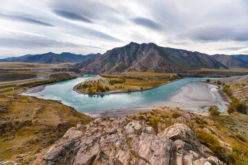 Amazing panoramic view of the confluence of the beautiful mountain rivers Chuya and Katun. Photo of...