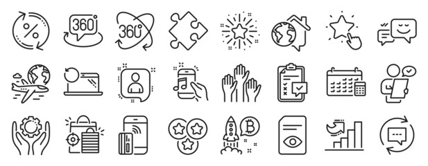 Fototapeta na wymiar Set of Technology icons, such as Music phone, Stars, Recovery laptop icons. Bitcoin project, Strategy, Work home signs. International flight, Twinkle star, 360 degree. Employee hand. Vector