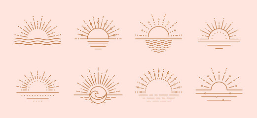 Boho sun logo, sunset over sea line art vector. Sun vector logo design