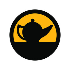 Teapot for tea, black and yellow colors, round sign for design on a white background, vector illustration
