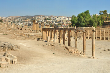 Panorama of Oval plaza in roman Jerash, Jordan