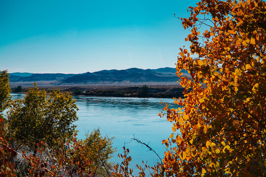 A beautiful autumn landscape of a steppe river in Kazakhstan