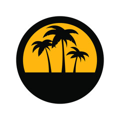 Palm trees, black and yellow colors, round sign for design on a white background, vector illustration